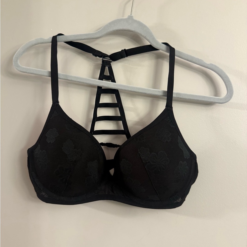 Victoria’s Secret PINK Black Lace Strappy Back Bra Floral Mesh
